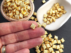 Gold Diamond Beads, Floral Stamped Diamond Rhombus Shaped Bead Spacers, Beading Supplies, 22k Matte Gold Plated, 10pcs