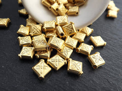 Gold Diamond Beads, Floral Stamped Diamond Rhombus Shaped Bead Spacers, Beading Supplies, 22k Matte Gold Plated, 10pcs