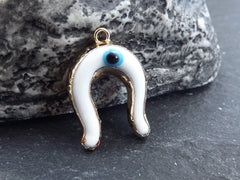 Glass Evil Eye Charm Pendant, White Horseshoe Evil Eye Charm, Lampwork Murano, Amulet, Protective, Lucky Charm, Handmade, Gold Bezel, 1pc