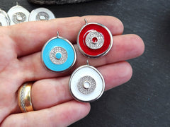 Enamel Evil Eye Charm Pendant, Turquoise Blue Evil Eye CZ Rhinestone Pendant, Good Luck Charm, Silver Plated, 1pc