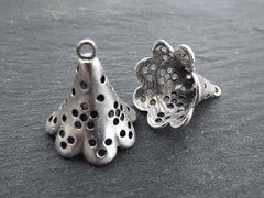 Fluted Bead End Caps with Loop, Flower Pendant, Large Bead caps with Bail, Tassel Caps, Bead Cups, Matte Antique Silver Plated, 2pc