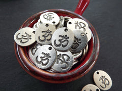 OM Charms, Small Om Pendant, Om Aum Symbol, Coin Disc Charms, Yoga Charms, Meditation Yoga Jewelry, Matte Antique Silver Plated 4pc