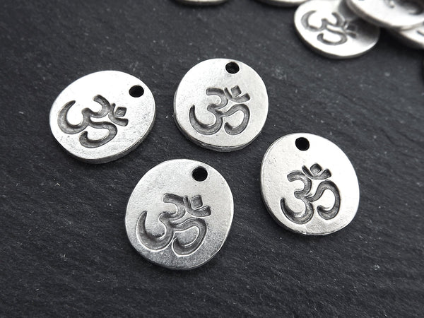 OM Charms, Small Om Pendant, Om Aum Symbol, Coin Disc Charms, Yoga Charms, Meditation Yoga Jewelry, Matte Antique Silver Plated 4pc