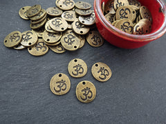 OM Charms, Small Om Pendant, Om Aum Symbol, Coin Disc Charms, Yoga Charms, Meditation Yoga Jewelry, Antique Bronze Plated 4pc