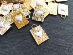 Rectangle Heart Charm Pendant, Enamel Pendant, WhiteHeart, Shiny Gold Plated, 1pc