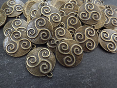 Bronze Celtic Triskelion Pendants, Round Triskele Amulet Pendant Charms, Rustic Jewelry, Artisan Charm, Antique Bronze Plated, 2pc