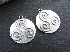 Silver Celtic Triskelion Pendants, Round Triskele Amulet Pendant Charms, Rustic Jewelry, Artisan Charm, Matte Antique Silver Plated, 2pc