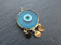 Blue Evil Eye Charm Gold Bezel Pendant, Glass Evil Eye Lampwork Amulet, Dangle Pendant, Protective, Lucky, Handmade, 1pc, Translucent Blue