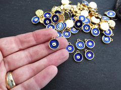 5 Evil Eye Charm Pendants, Navy Blue Enamel Evil eye, Good Luck Charm, Protection Eye Charm Coin Medallion Pendant, Gold Plated, 5pcs