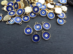 5 Evil Eye Charm Pendants, Navy Blue Enamel Evil eye, Good Luck Charm, Protection Eye Charm Coin Medallion Pendant, Gold Plated, 5pcs
