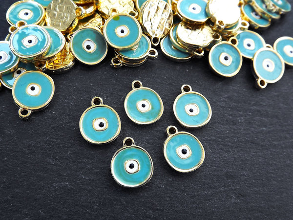 5 Evil Eye Charm Pendants, Turquoise Blue Enamel Evil eye, Good Luck Charm, Protection Eye Charm Coin Medallion Pendant, Gold Plated, 5pcs