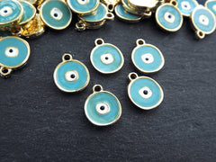 5 Evil Eye Charm Pendants, Turquoise Blue Enamel Evil eye, Good Luck Charm, Protection Eye Charm Coin Medallion Pendant, Gold Plated, 5pcs