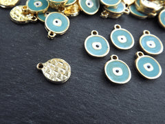 5 Evil Eye Charm Pendants, Turquoise Blue Enamel Evil eye, Good Luck Charm, Protection Eye Charm Coin Medallion Pendant, Gold Plated, 5pcs