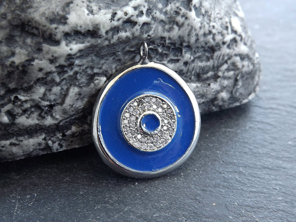 Enamel Evil Eye Charm Pendant, Blue Evil Eye CZ Rhinestone Pendant, Good Luck Charm, Silver Plated, 1pc