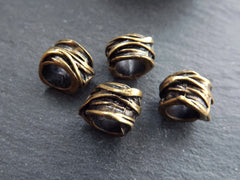 Large Bronze Tube Beads, Rustic Wrap Barrel Bead, Statement Beads, Bracelet Bead Spacer, Large Hole, Antique Bronze Plated, 4pc