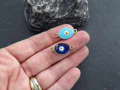 3 Evil Eye Charm Connectors, Turquoise Blue Enamel Evil eye, Good Luck Charm, Protection Eye Charm, Bracelet Connector, Gold Plated, 3pcs