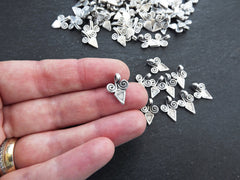 10 Curl Scroll Triangle Spike Charms, Artisan Charms, Rustic Jewelry Supplies, Matte Antique Silver Plated