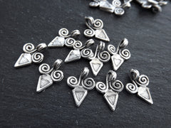 10 Curl Scroll Triangle Spike Charms, Artisan Charms, Rustic Jewelry Supplies, Matte Antique Silver Plated