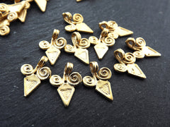 10 Curl Scroll Triangle Spike Charms, Artisan Charms, Rustic Jewelry Supplies, 22k Matte Gold Plated