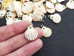 Gold Shell Evil Eye Charms, Enamel Charm Pendants, Scallop Shell, Seashell Charms, Beach Charm, Good Luck Charm, Gold Plated, 2pc