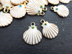 Gold Shell Evil Eye Charms, Enamel Charm Pendants, Scallop Shell, Seashell Charms, Beach Charm, Good Luck Charm, Gold Plated, 2pc