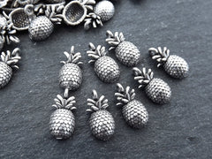 15 Mini Pineapple Charms, Tiny Pineapple Charms, Fruit Charm, Side Facing Loop, Matte Antique Silver Plated Brass