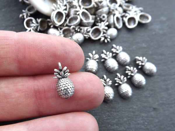 15 Mini Pineapple Charms, Tiny Pineapple Charms, Fruit Charm, Side Facing Loop, Matte Antique Silver Plated Brass