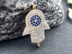 Hamsa Hand Bracelet Connector, Evil Eye, Rhinestone Hamsa Charm, Pave Hamsa Pendant, CZ Rhinestone Micro Pave, Silver Plated