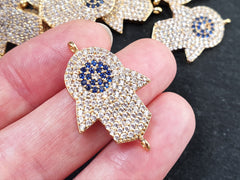 Hamsa Hand Bracelet Connector, Evil Eye, Rhinestone Hamsa Charm, Pave Hamsa Pendant, CZ Rhinestone Micro Pave, Silver Plated