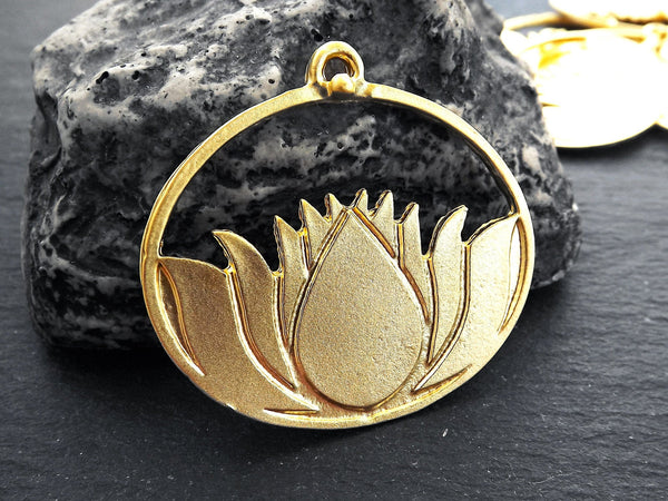 Lotus Flower Pendant, Gold Flower Charm, Yoga Jewelry Supplies, Yogi Lover, Enlightenment, Meditation Jewelry, 22k Matte Gold Plated, 1pc