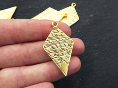 Rustic Tribal Pendant, Diamond Spear Pendant, Triangle Medallion, Rustic Jewelry, Artisan Charm, Jewelry Supply, 22k Matte Gold Plated, 2pc