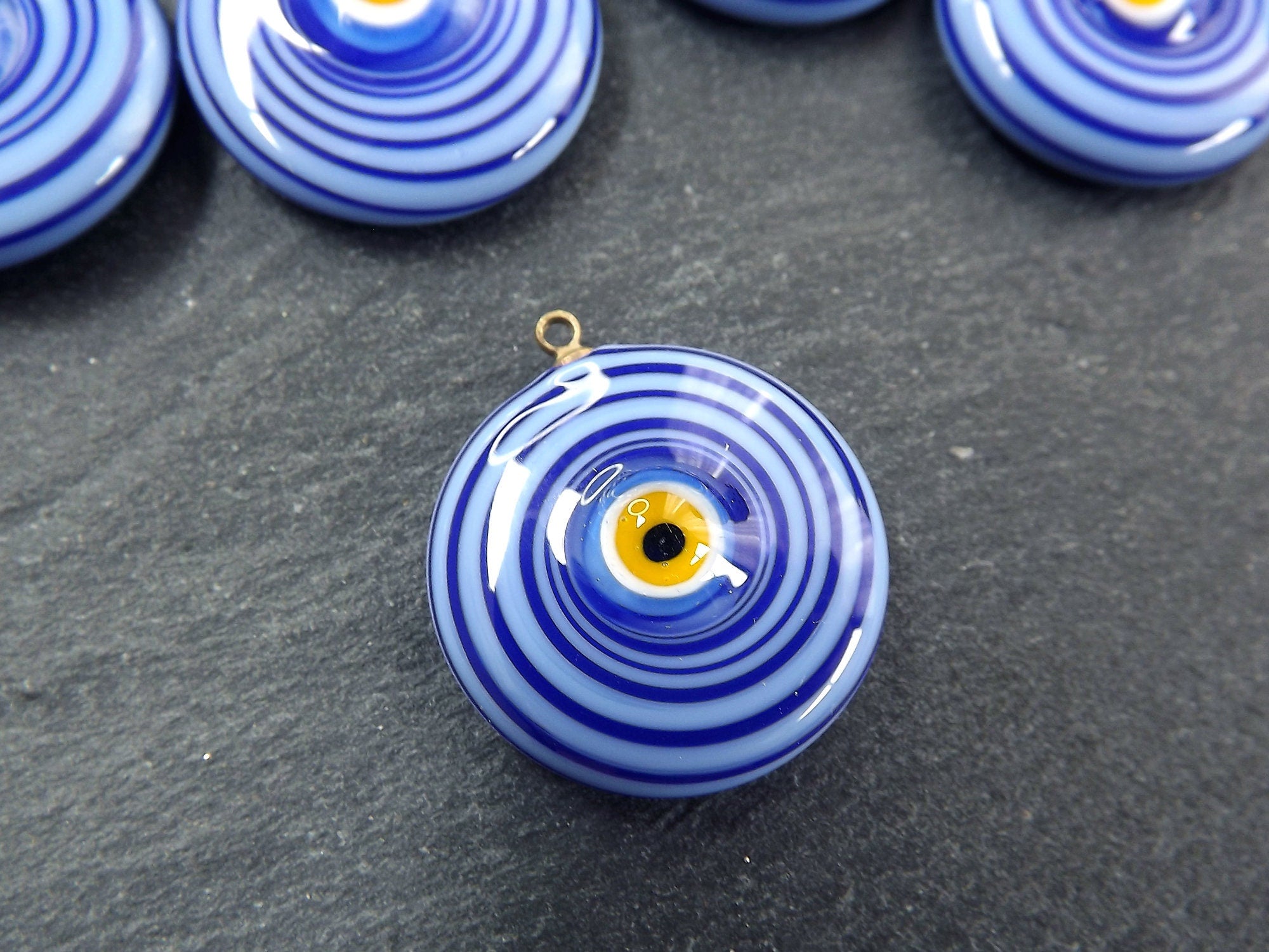 Glass Evil Eye Charm Pendant, Cornflower Blue White Round Spiral Evil Eye, Lampwork, Amulet, Protective, Lucky, Handmade, 1pc
