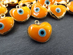 Orange Heart Evil Eye Charm Pendant, Glass Lampwork Evil Eye, Amulet, Protective, Lucky, Handmade, 22k Shiny Gold Plated Bezel 1pc