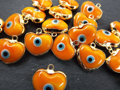 Orange Heart Evil Eye Charm Pendant, Glass Lampwork Evil Eye, Amulet, Protective, Lucky, Handmade, 22k Shiny Gold Plated Bezel 1pc