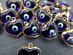 Blue Heart Evil Eye Charm Pendant, Glass Lampwork Evil Eye, Amulet, Protective, Lucky, Handmade, 22k Shiny Gold Plated Bezel 1pc, Navy