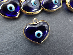 Blue Heart Evil Eye Charm Pendant, Glass Lampwork Evil Eye, Amulet, Protective, Lucky, Handmade, 22k Shiny Gold Plated Bezel 1pc, Navy