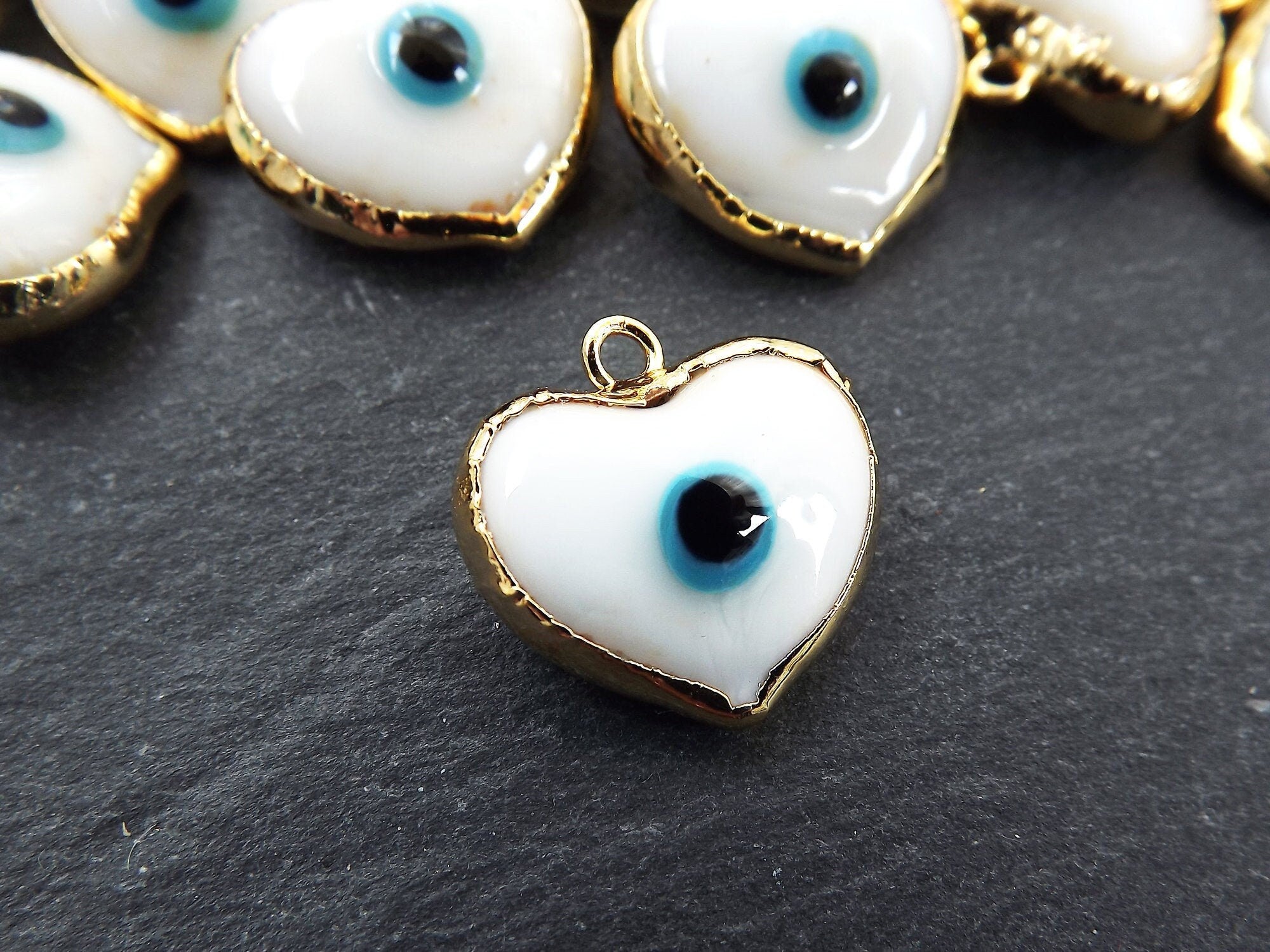 White Heart Evil Eye Charm Pendant, Glass Lampwork Evil Eye