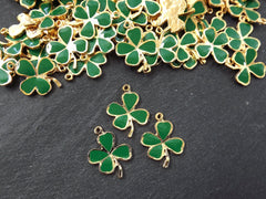 3 Shamrock Charms, Green Enamel Four Leaf Clover Charm, Lucky Charm, Irish Charm, St Patrick's Day, 22k Matte Gold Plated