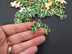 3 Shamrock Charms, Green Enamel Four Leaf Clover Charm, Lucky Charm, Irish Charm, St Patrick's Day, 22k Matte Gold Plated