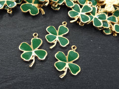 3 Shamrock Charms, Green Enamel Four Leaf Clover Charm, Lucky Charm, Irish Charm, St Patrick's Day, 22k Matte Gold Plated