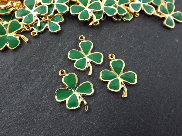 3 Shamrock Charms, Green Enamel Four Leaf Clover Charm, Lucky Charm, Irish Charm, St Patrick's Day, 22k Matte Gold Plated