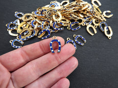 3 Horseshoe Charms, Blue Enamel Small Horse Shoe Charms, Lucky Charm, 22k Matte Gold Plated, 3pc