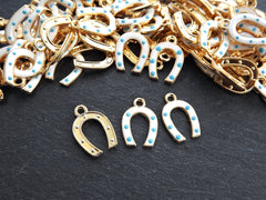 3 Horseshoe Charms, White Enamel Small Horse Shoe Charms, Lucky Charm, 22k Matte Gold Plated, 3pc