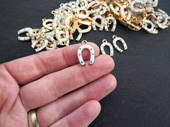 3 Horseshoe Charms, White Enamel Small Horse Shoe Charms, Lucky Charm, 22k Matte Gold Plated, 3pc