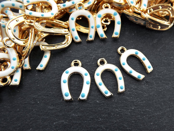 3 Horseshoe Charms, White Enamel Small Horse Shoe Charms, Lucky Charm, 22k Matte Gold Plated, 3pc