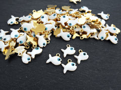4 Fish Charms, White Enamel Small Fish Pendant Charms, Lucky Charm, 22k Matte Gold Plated, 4pc