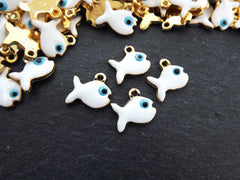 4 Fish Charms, White Enamel Small Fish Pendant Charms, Lucky Charm, 22k Matte Gold Plated, 4pc