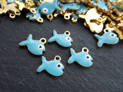 4 Enamel Fish Charms, Turquoise Blue Enamel Small Fish Pendant Charms, Lucky Charm, 22k Matte Gold Plated, 4pc