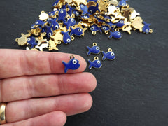 4 Fish Charms, Blue Enamel Small Fish Pendant Charms, Lucky Charm, 22k Matte Gold Plated, 4pc