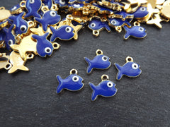 4 Fish Charms, Blue Enamel Small Fish Pendant Charms, Lucky Charm, 22k Matte Gold Plated, 4pc